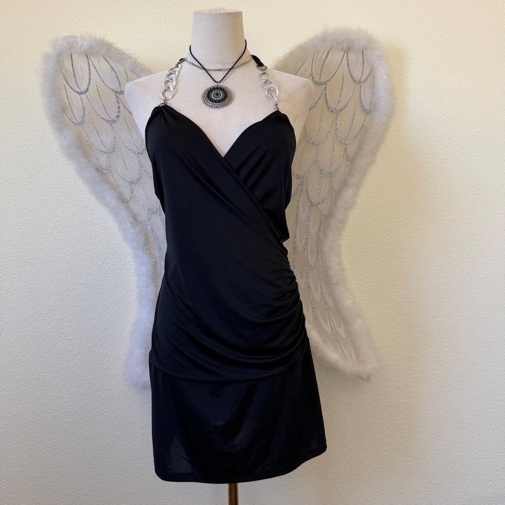 Black Halter Mini Dress Silver Chain Straps Surplice Neck Ruched Y2K Club Sexy